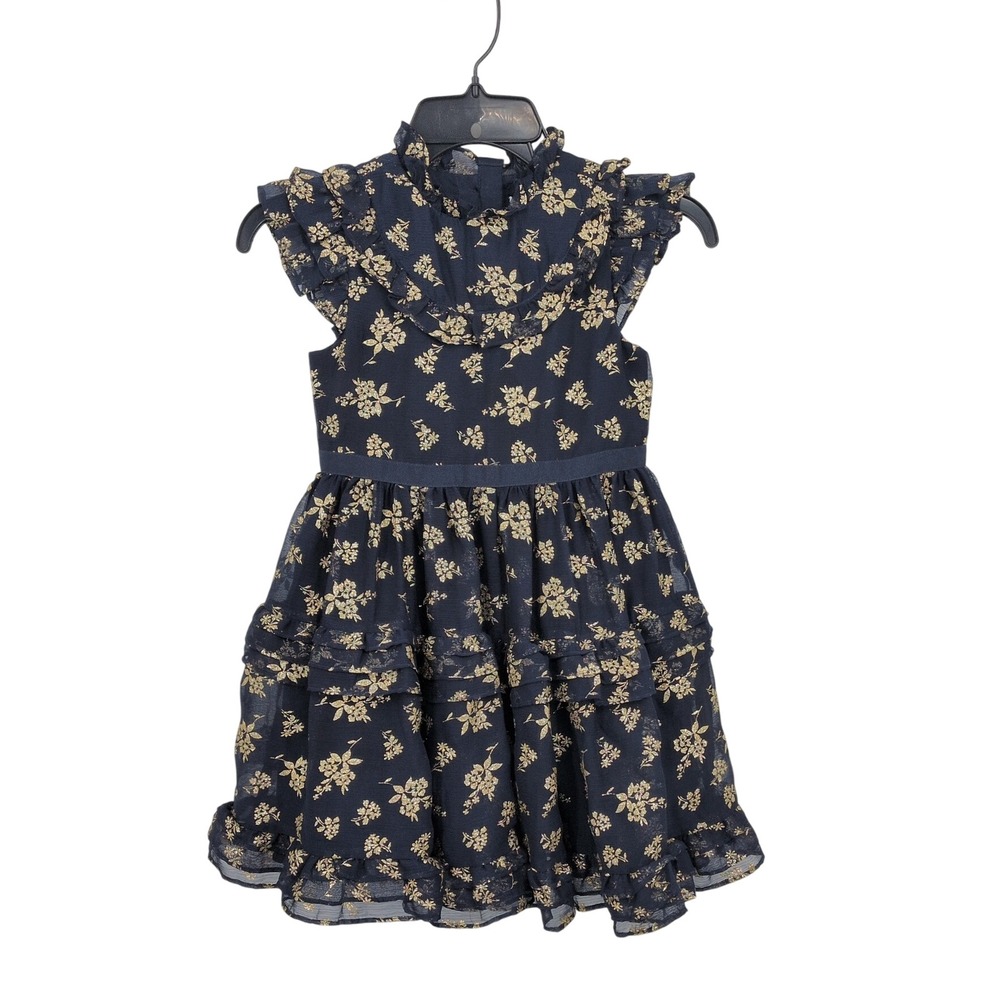 Janie and Jack Floral Tiered Dress Glitter Ruffle Navy Gold Formal Party Girl 7